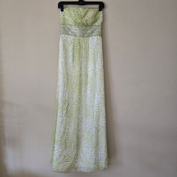 CAMILLE LA VIE Womens Maxi Dress Animal Print Lime Green 100% Silk Size 2 Glam - Picture 1 of 11
